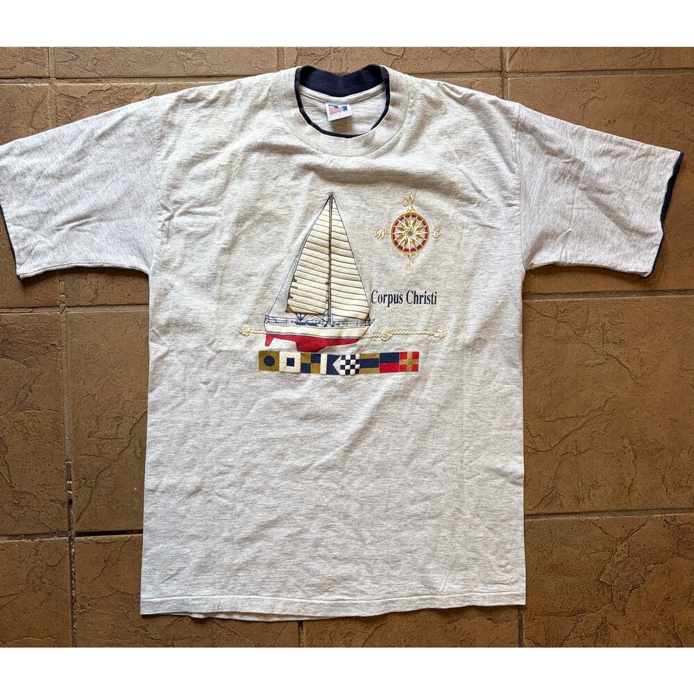 Vintage 90s Corpus Christi Sailboat Nautical Ringer T Shirt USA Made Size L
